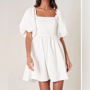 NWOT, 7 For All Mankind White Denim Mini Summer Dress, Puff Sleeves, Bow, Medium